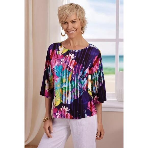 Soft Surroundings Womens Mignon Colorful Top S Pullover 3/4 Sleeve Floral Stripe - Picture 1 of 6